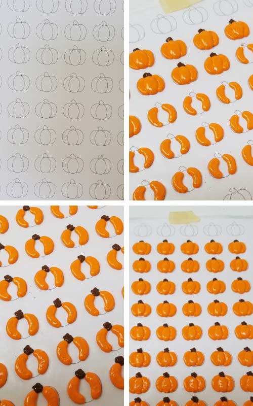 Sugar pumpkins piped on wax paper.