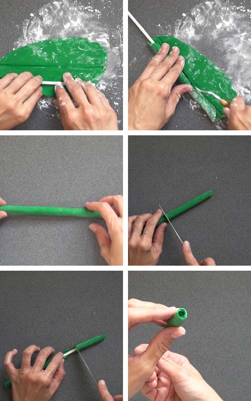 Shaping green straw from fondant.