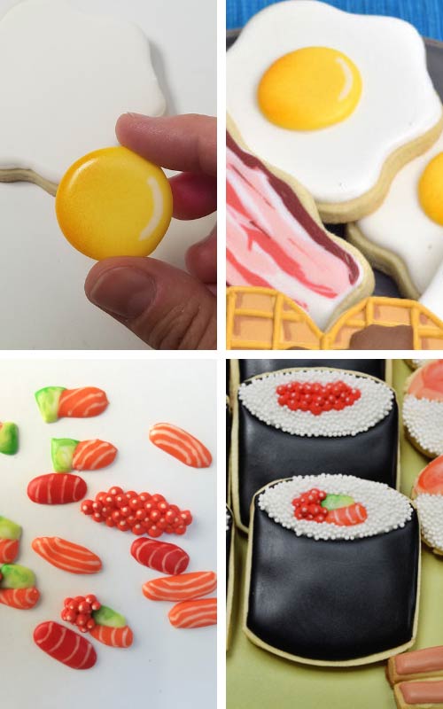 Egg yolk royal icing transfer and mini sushi tuna and salmon royal icing transfers.