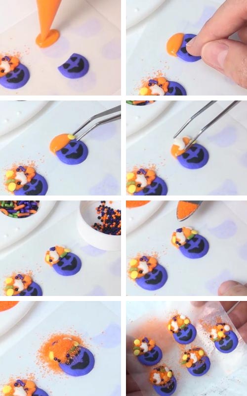 Attaching sprinkles onto wet royal icing.