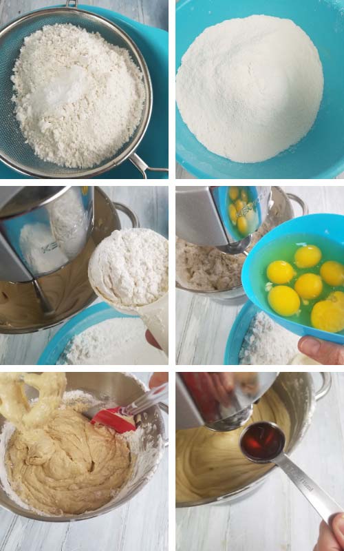 Adding flour and egg to cake batter.