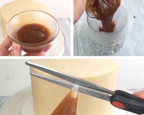 Pouring caramel into a piping bag and cutting the tip of the bag with scissors.