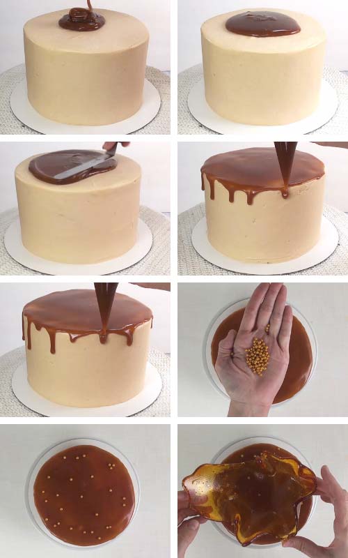 Piping caramel drips onto a cake.