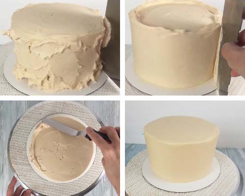 Smoothing frosting on a cake with a bench scrapper.
