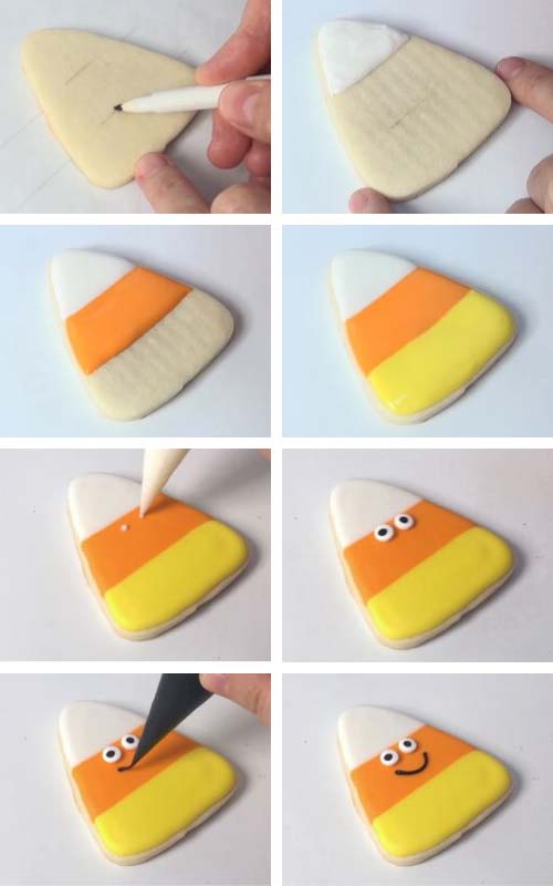 Decorating candy corn cookie with white, orange and yellow royal icing.