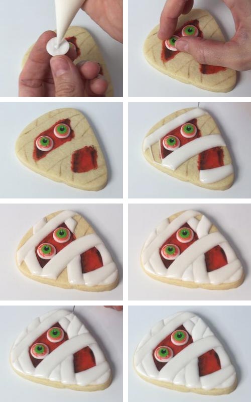 Piping white bandage design on a cookie.