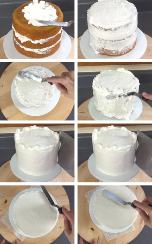 Filling a and frosting a cake with buttercream.