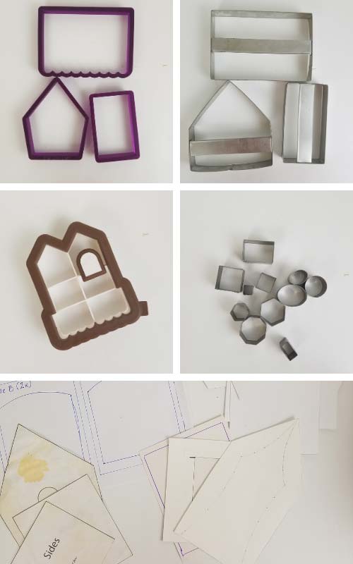 Gingerbread house cookie cutters and template on a table.