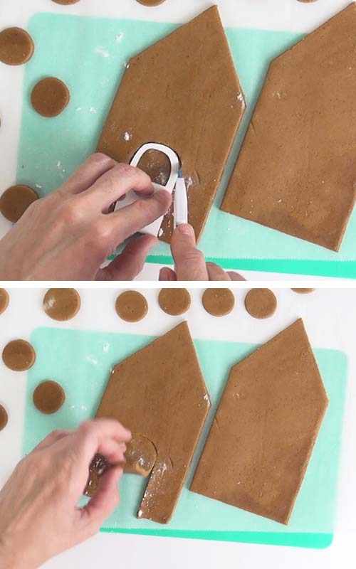 Cutting out a cookie shapes with exacto knife.