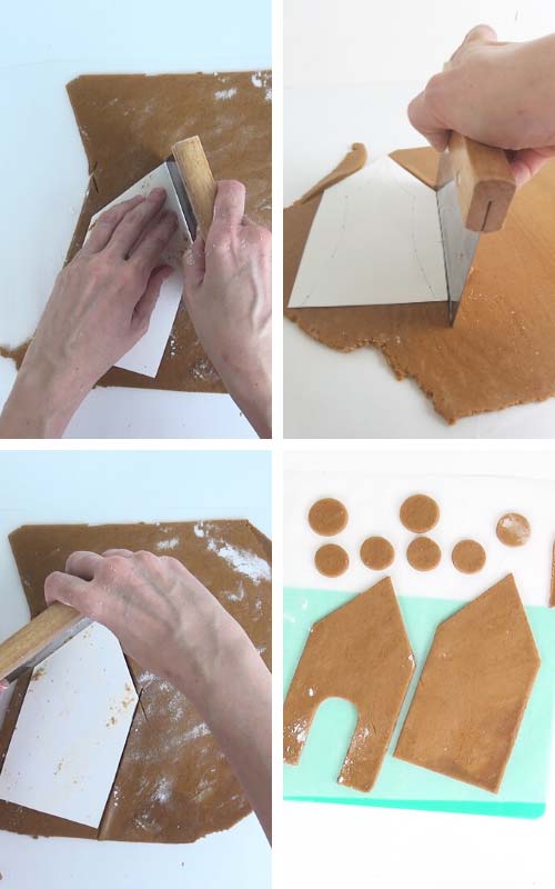 Cutting out large cookies with a bench scrapper.