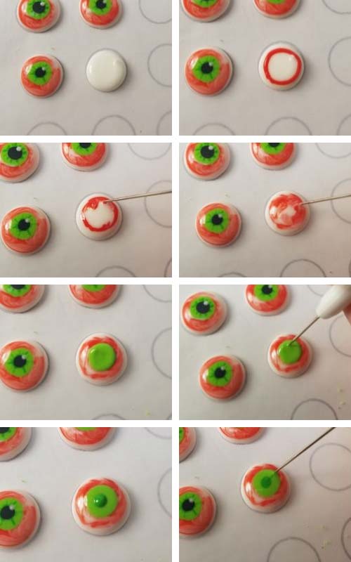 Piping royal icing eyes onto a wax paper.