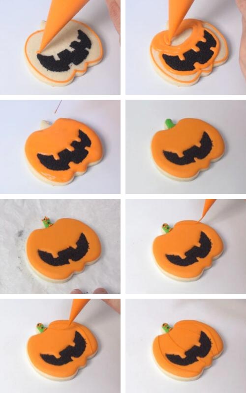 Flooding jack o lantern with orange royal icing.