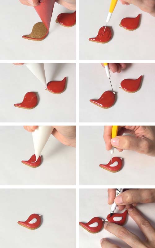 Flooding a small bird cookie with royal icing.