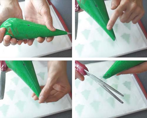 Cutting a piping bag with scissors.
