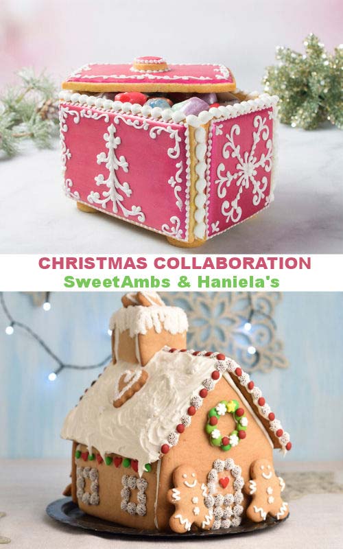 3D Christmas cookie box and gingerbread house displayed on a table.