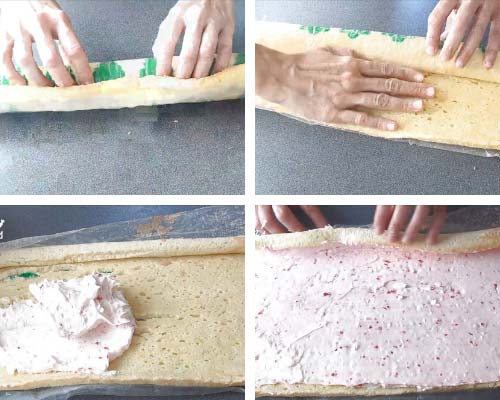 Spreading filling onto an unrolled cake.