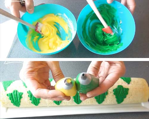 Piping bags filled with green and yellow frosting.