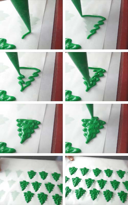 Piping leaves onto parchment paper.