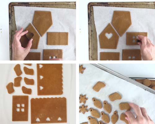 Cutting out heart shape from a gingerbread house panel.