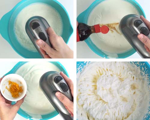 Beating heavy cream in a bowl with sugar, vanilla extract and orange zest.