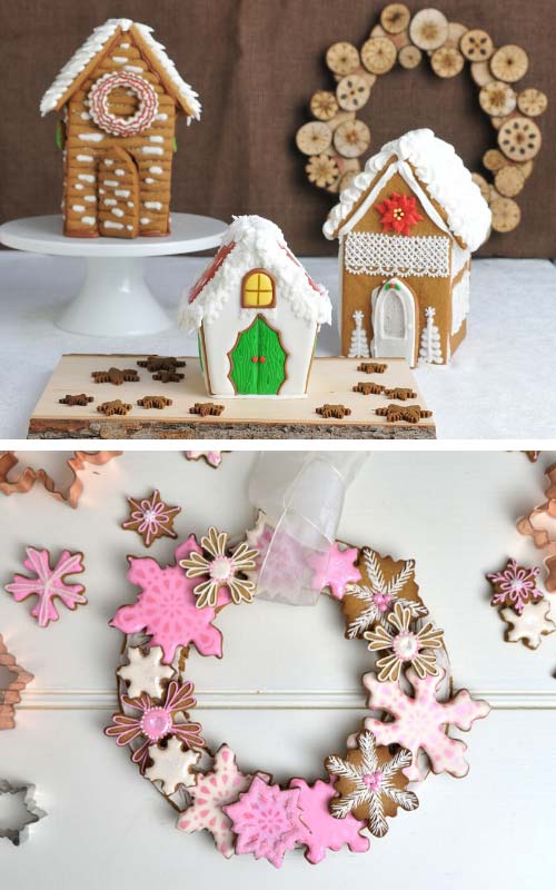 Gingerbread snowflake cookie wreath hanging on the front door.