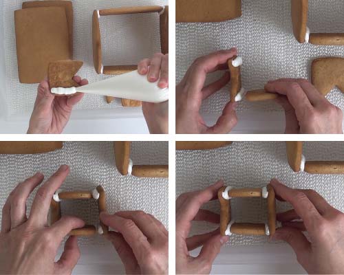 Gluing chimney cookies with royal icing.