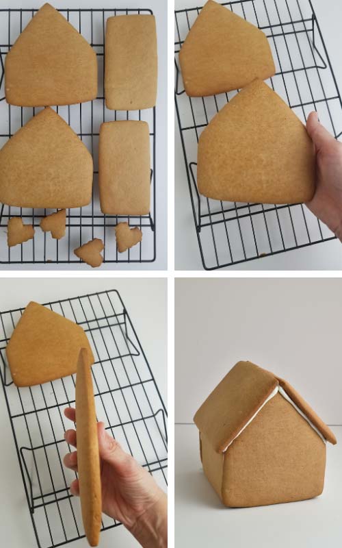 Gingerbread house cookie panels on a cooling rack.