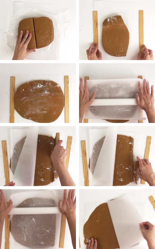 Rolling out cookie dough between parchment sheets.