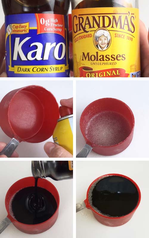 Spraying a measuring cup with nonstick spray and pouring molasses into the cup.