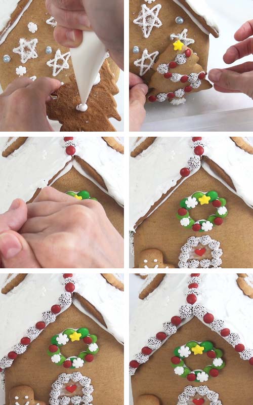 Gluing tree cookie on a back panel with royal icing.