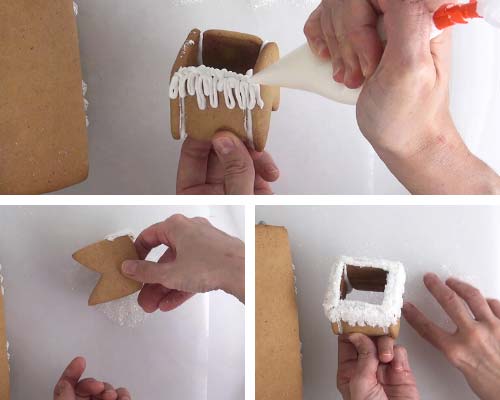 Decorating chimney cookie with white icing and sanding sugar.