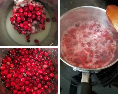 Cranberries, sugar and water in a pot, boiling.