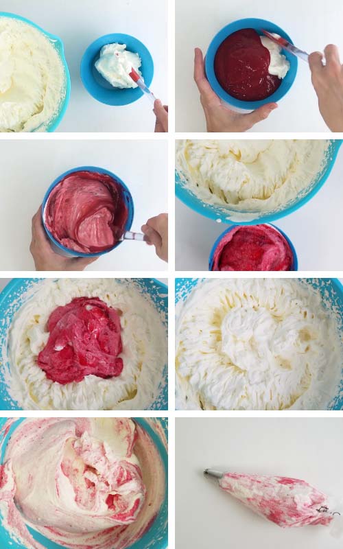 Folding cranberry puree into whipped cream.