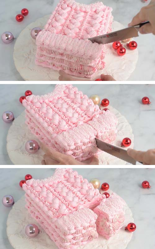 Cutting a meringue layer cake with serrated knife.
