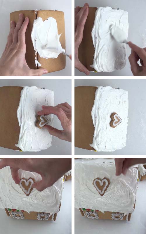 Spreading icing onto the roof, attaching a heart cookie into the iced roof.