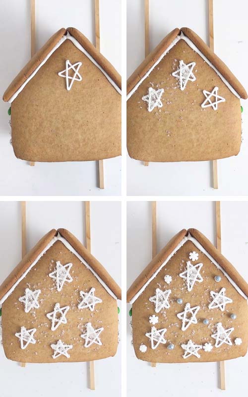 Piping star onto a back house panel and dusting them with sanding sugar.