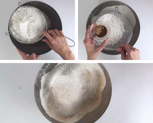 Sifting flour and spices into a large bowl.