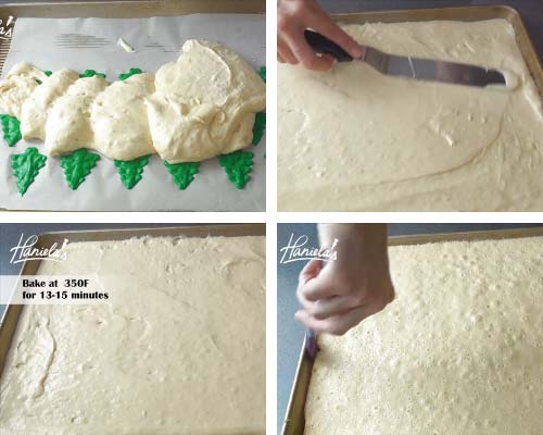 Spreading cake batter into the baking sheet.