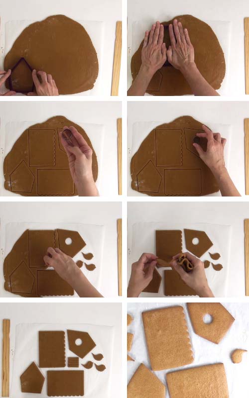 Cutting out gingerbread house panels form a rolled out cookie dough.