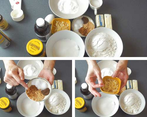 Ingredients for cookies in bowls.