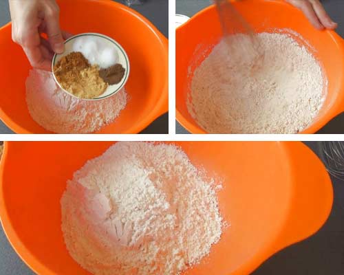 Sifting flour and spices into a bowl.