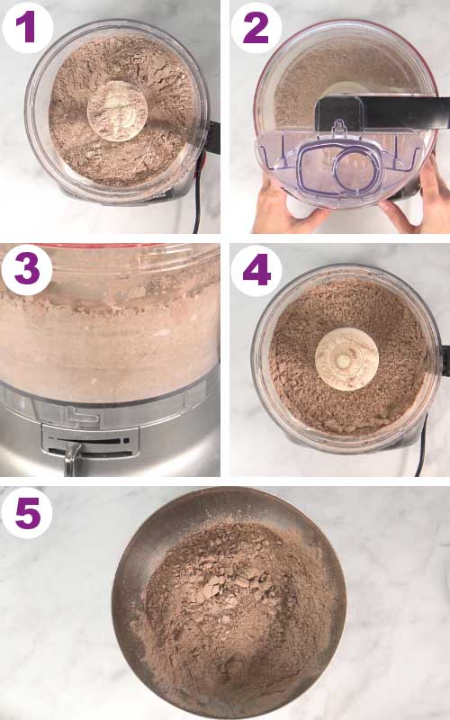 Food processor with a dry cocoa mix.