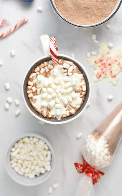 View from the above of a mug filled with cocoa.