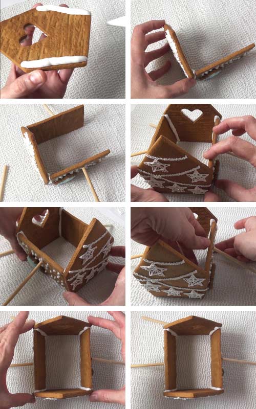 Gluing gingerbread house panels together with royal icing.