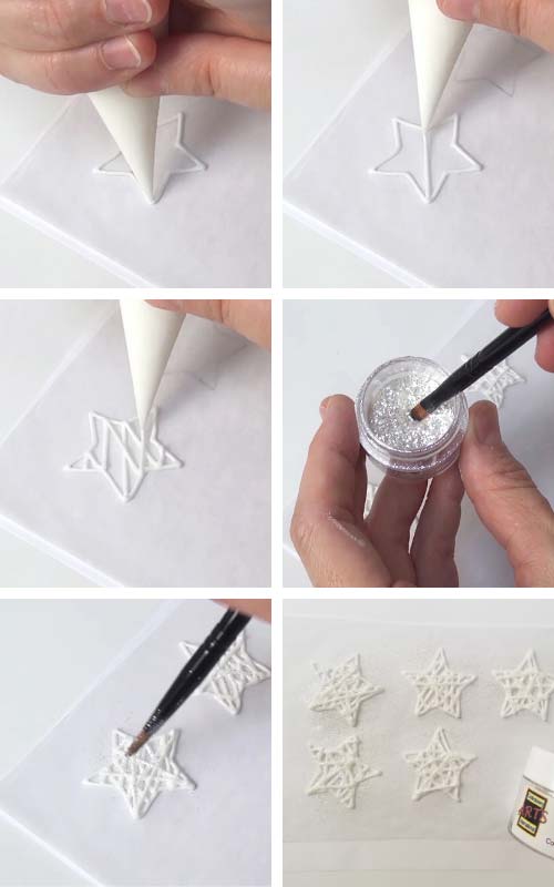 Piping royal icing white star wire ornament onto a parchment.