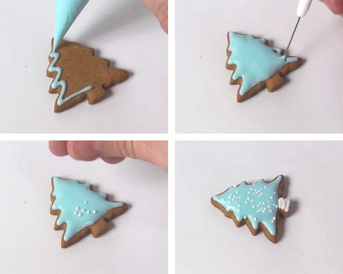 Flooding a small tree cookie with royal icing.