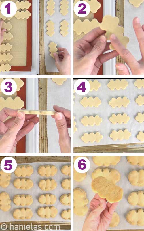 Placing dry cookies onto a baking sheet.