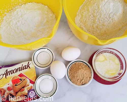 Ingredients to bake cookies on a kitchen counter.