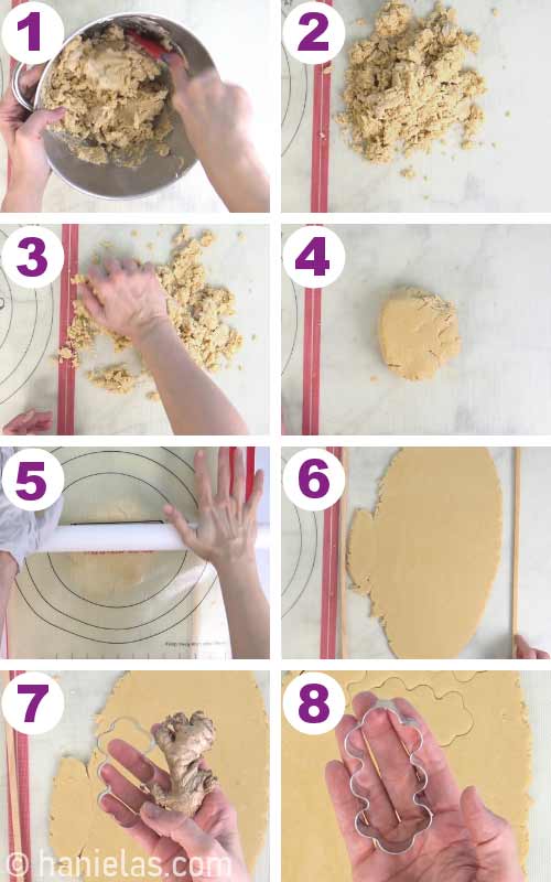 Gathering cookie dough into a disk and rolling it out with a rolling pin.