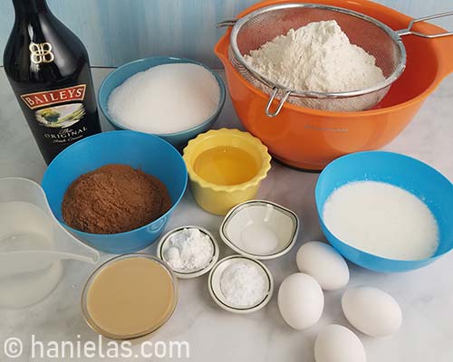 Baileys cake ingredients on a table.